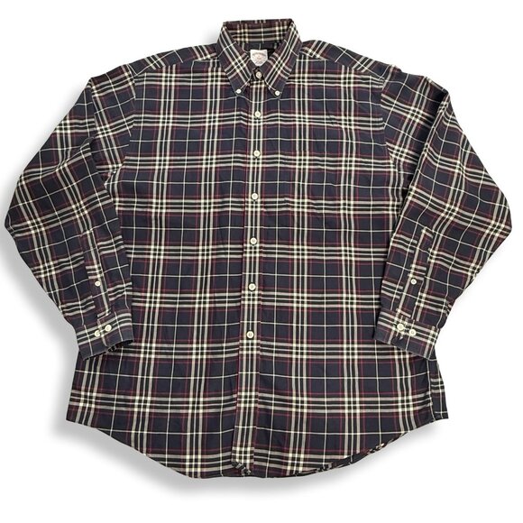 Brooks Brothers‎ 346 Shirt Mens Large Navy Red Plaid Button Down Non-Iron Cotton - Picture 1 of 9